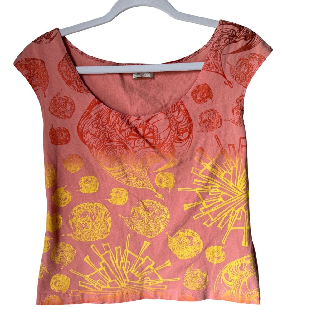 Victoria Keen New York Silk Screened Top Cap Sleeve Orange Scoop Neck SZ‎ Medium